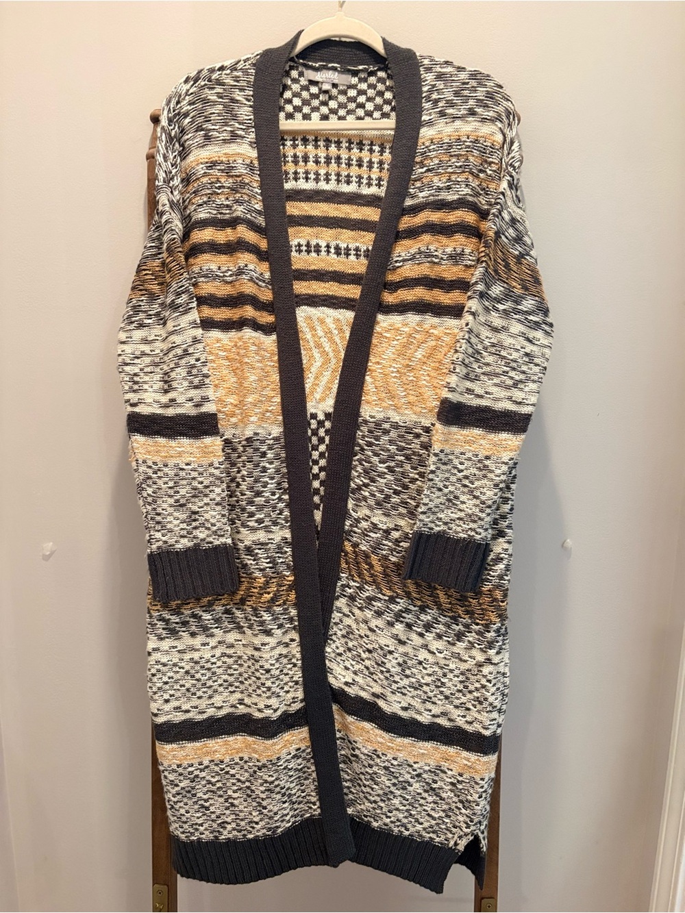 Marled Striped Open-Front Cardigan in Mustard, Gray & Cream